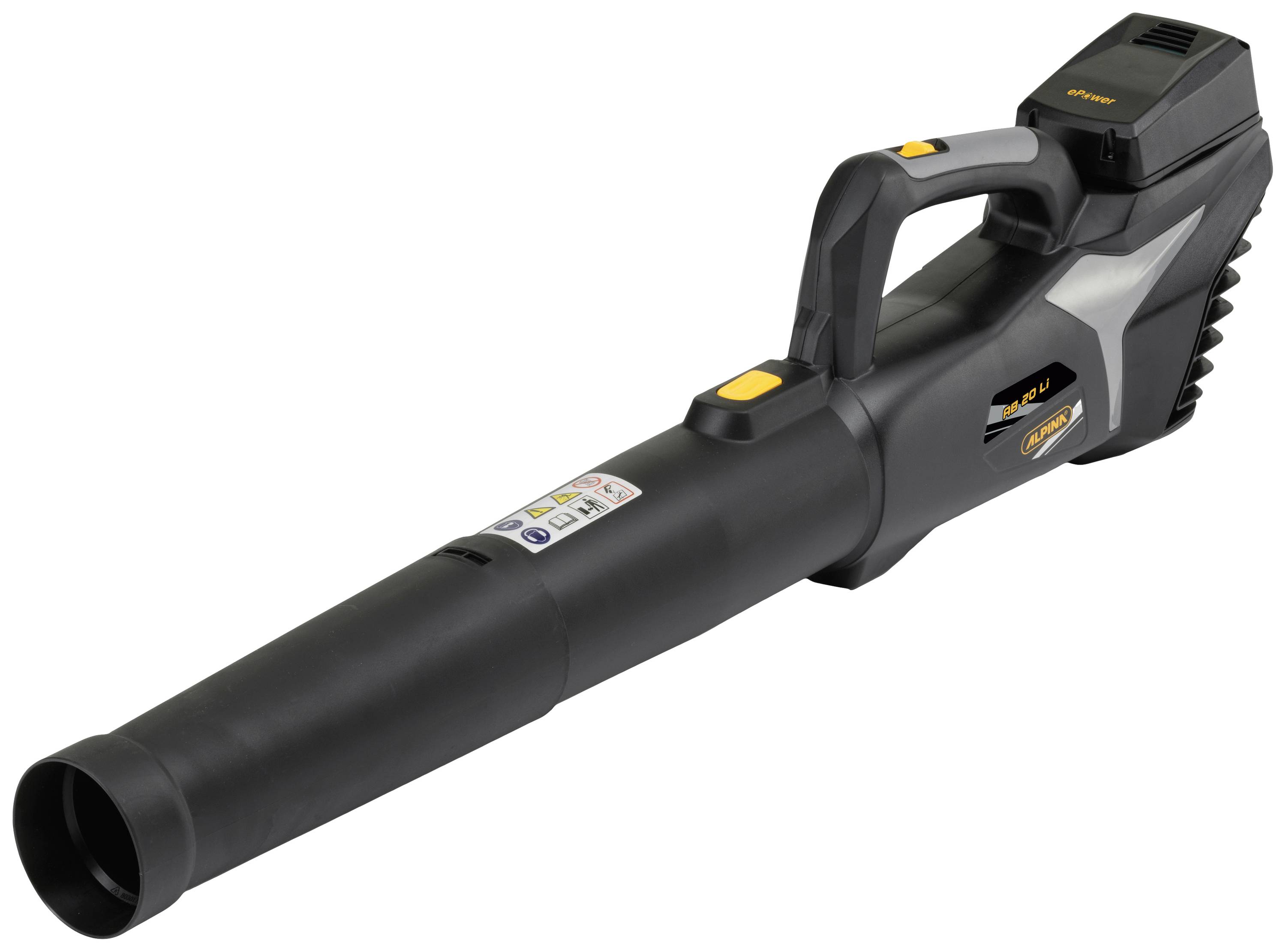 Een zwarte, draagbare bladblazer met accu en ergonomische handgreep. Geschikt voor tuinwerkzaamheden zoals het verwijderen van bladeren.