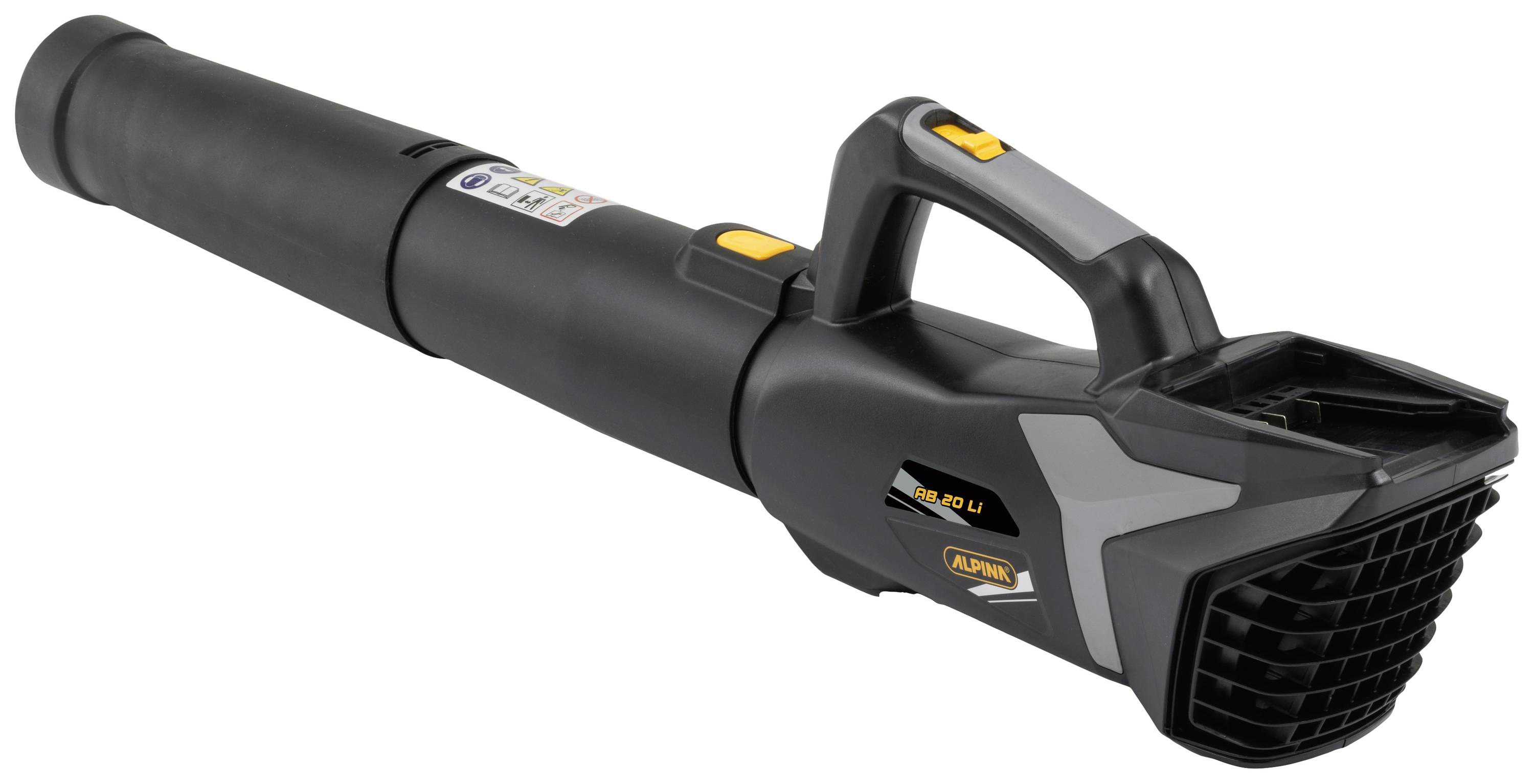 Zwarte bladblazer met ergonomische handgreep en luchuitlaat aan de voorkant, geschikt voor tuinwerkzaamheden en bladruimen.