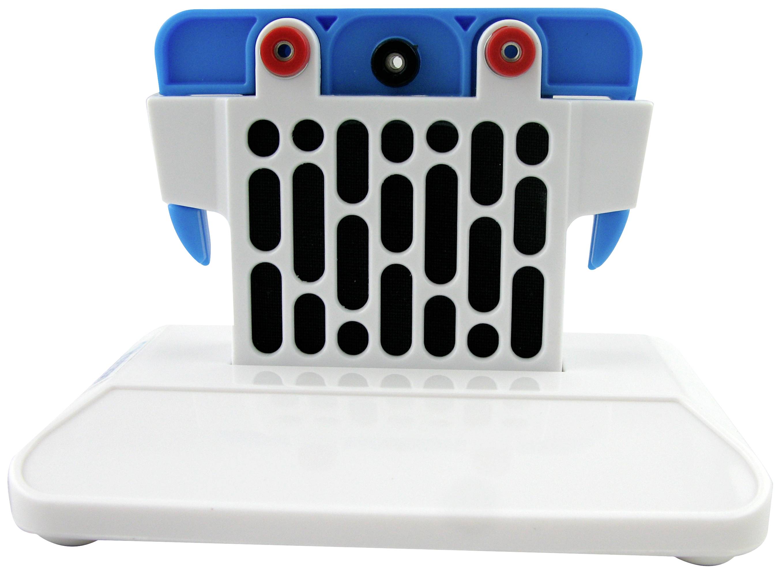 Een wit-blauw kunststapparaat met zwarte ventilatieopeningen en ronde rode knoppen, geplaatst op een witte basis.