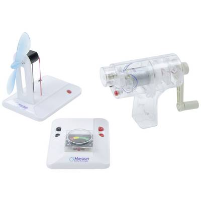 Een model bestaande uit een kleine turbine, een transparante handslinger, en een display met een gekleurd meetinstrument.