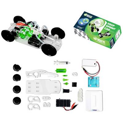 Bouwpakket voor een modelauto met accessoireonderdelen, waaronder wielen, chassis en elektrische componenten. Verpakking met opschrift 'H2GO Sprint Car'.