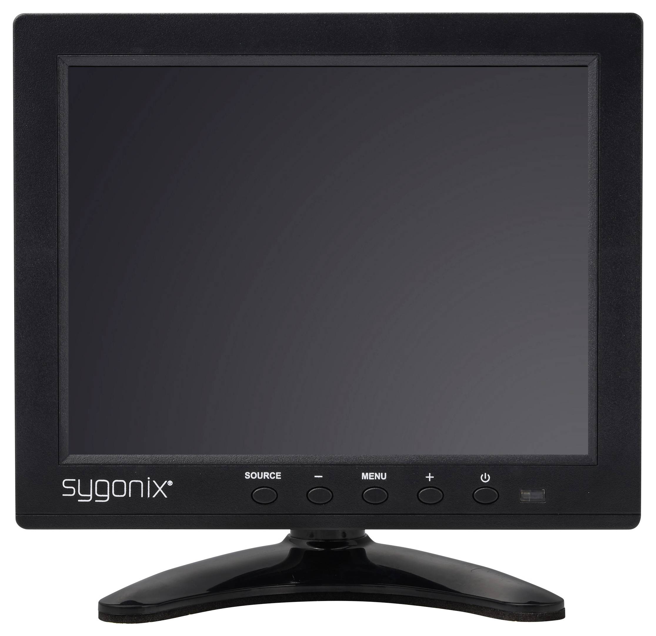 Zwarte Sygionix-computermonitor op een standaard, met leeg scherm en voorknoppen gelabeld bron, menu, plus en power.