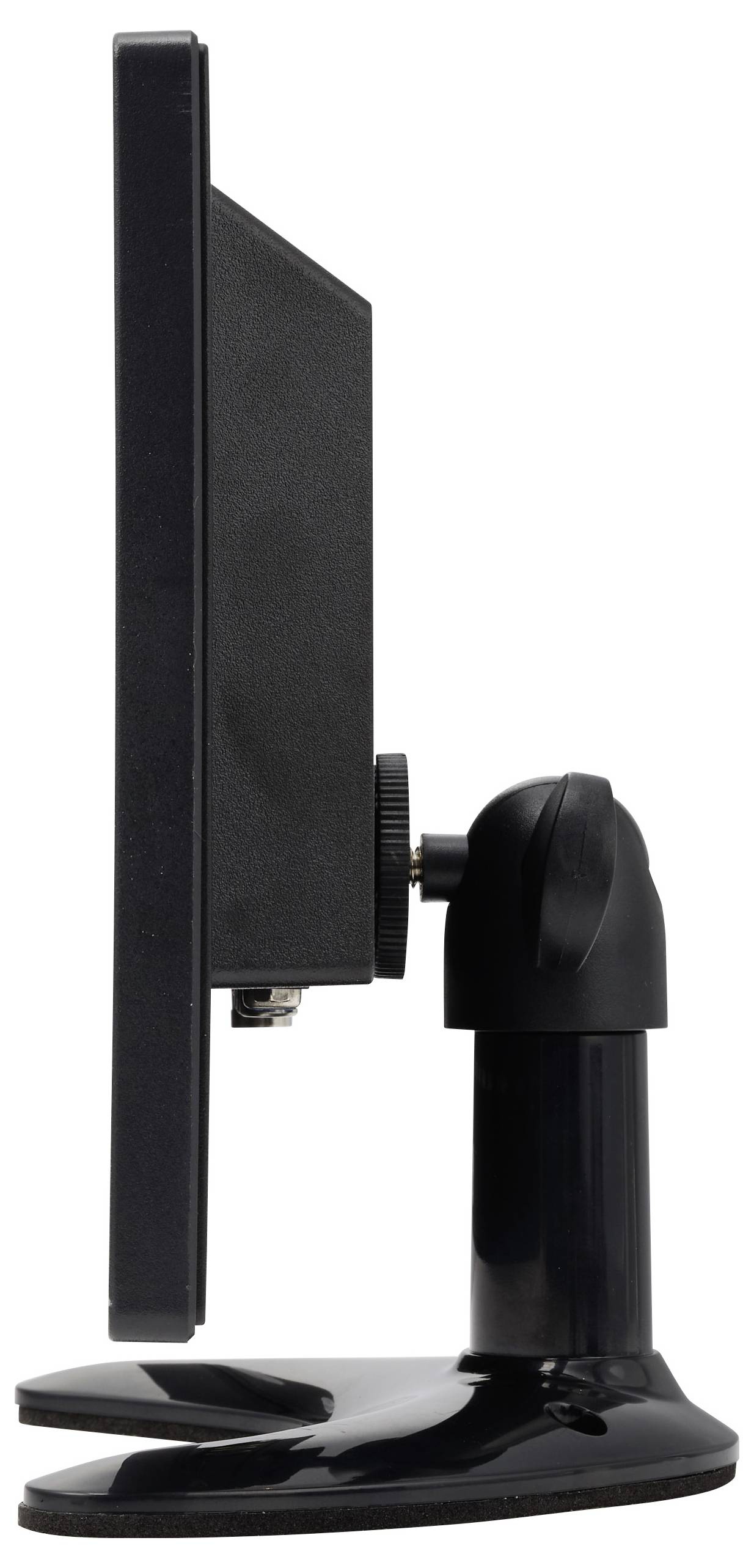 Zijkant van een zwarte computermonitor op een verstelbaar bureaustandaard, met zichtbaarheid van het kantel- en hoogteverstelmechanisme.