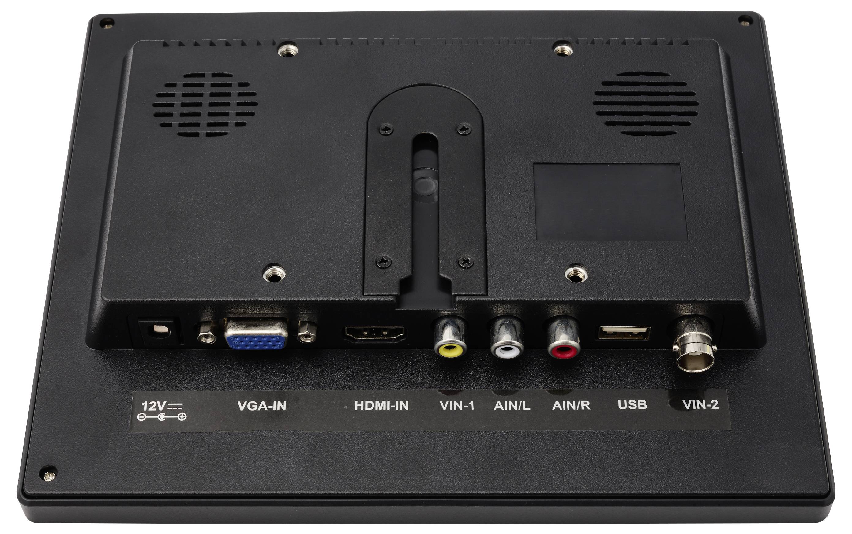 Achteraanzicht van een beeldscherm met ingangen en labels: VGA-IN, HDMI-IN, VIN-1, AIN/L, AIN/R, USB, VIN-2, en 12V voeding.