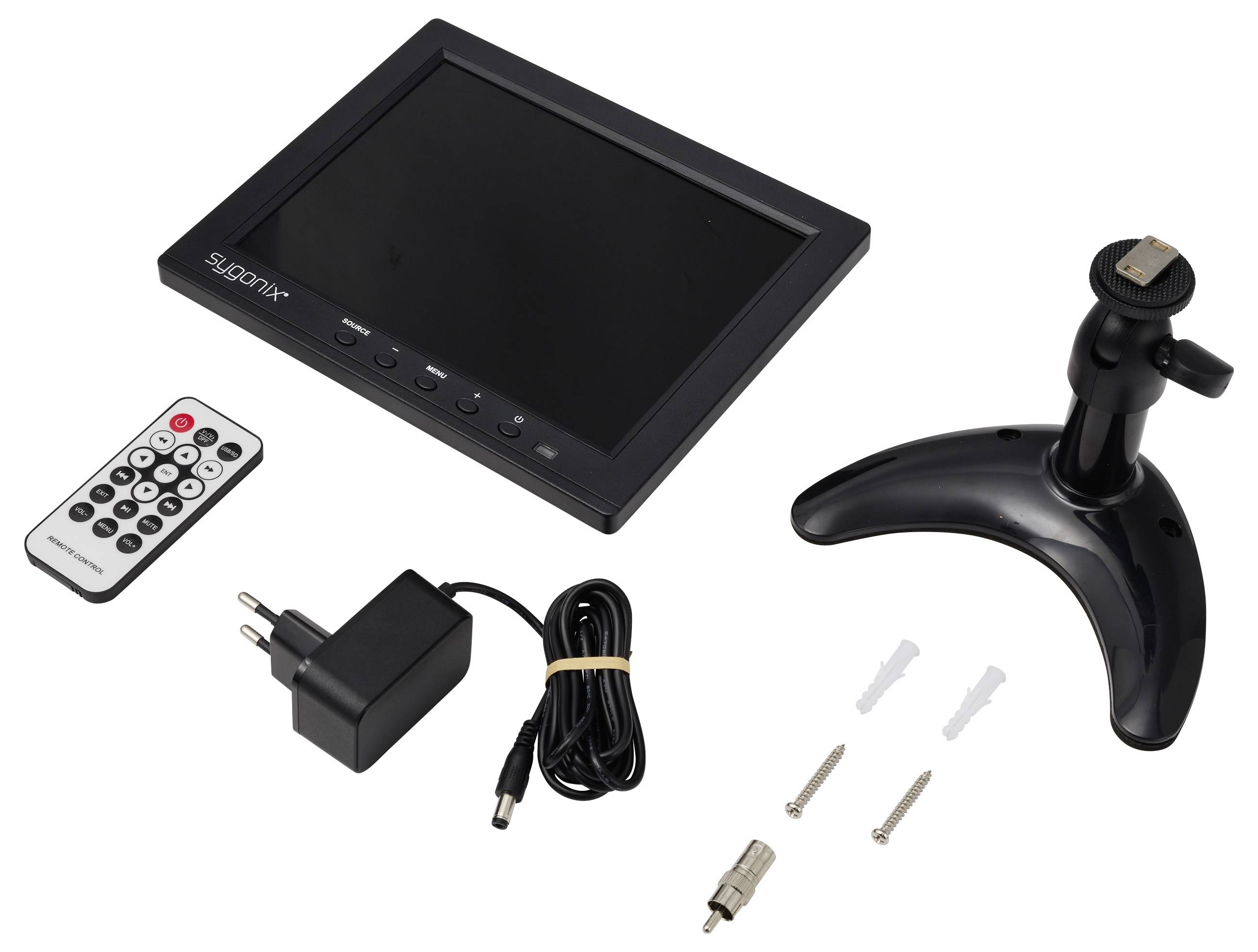 Digitale fotolijstset met scherm, afstandsbediening, stroomadapter en kabel, verstelbare standaard, en bevestigingsschroeven/ankers.