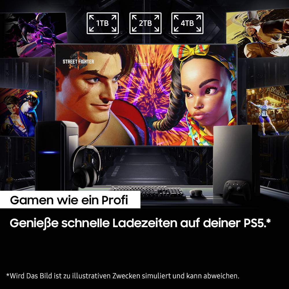 Bild eines Gaming-Setups mit PS5 und Monitor, der ein Videospiel zeigt. Text auf Deutsch: 'Gamen wie ein Profi. Genieße schnelle Ladezeiten.'<br><br>(Note: The text you provided is already in German, so no translation is needed.)