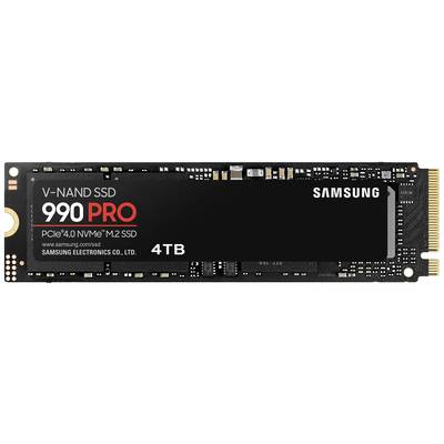 Zwarte Samsung V-NAND SSD 990 PRO met 4 TB capaciteit voor PCIe 4.0 NVMe M.2 interface, liggend.