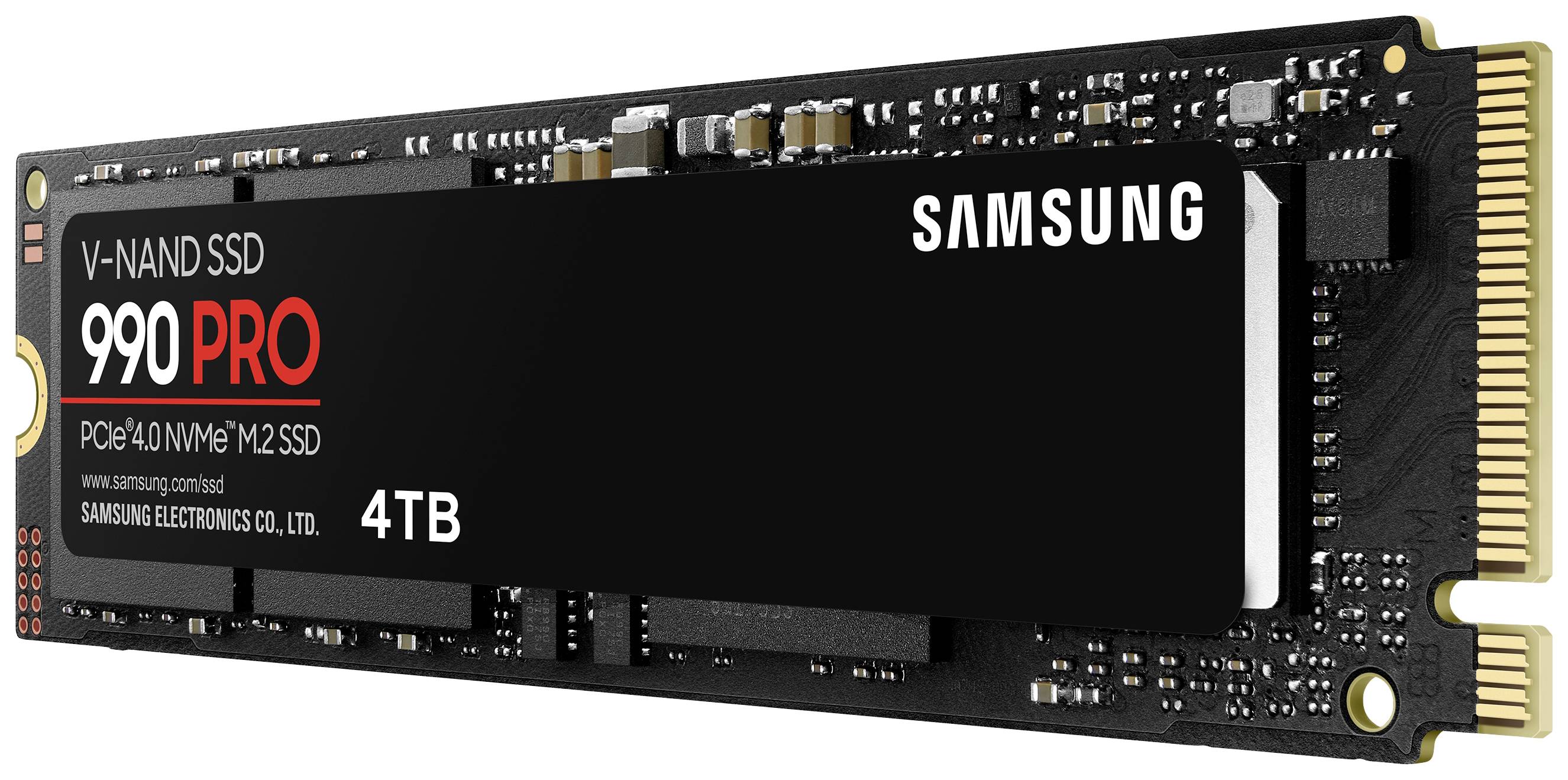 V-NAND SSD 990 PRO met 4 TB capaciteit. Ondersteunt PCIe 4.0 NVMe M.2 interface. Geproduceerd door Samsung.