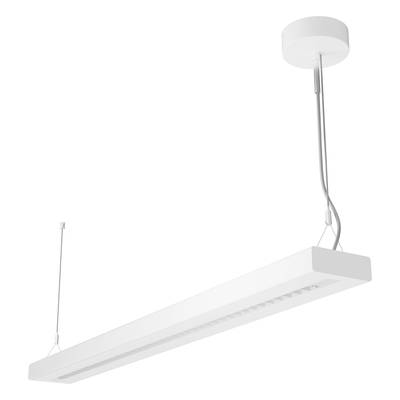 Een moderne, witte hanglamp met rechthoekige vorm is aan een plafond gemonteerd.