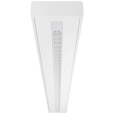 Langwerpige LED-plafondlamp in het wit, slanke vormgeving, centraal geplaatste lichtrijij, geschikt voor moderne interieurs.