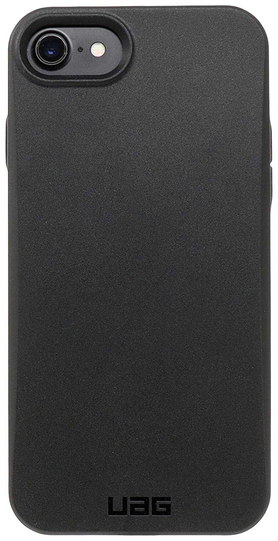 Zwarte smartphone-hoes met cameragat linksboven en 'UAG'-logo onderaan, een strak design.