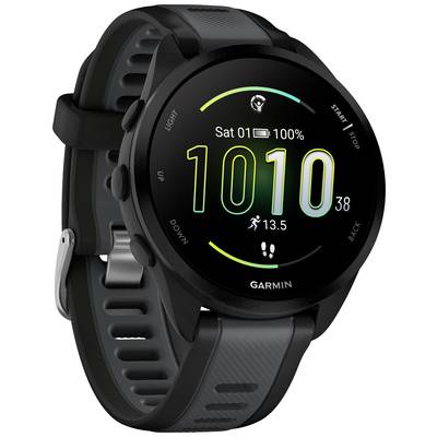 Zwarte smartwatch met rond wijzerblad. Display toont '1010' in grote cijfers, datum, batterijniveau en sport-pictogrammen.