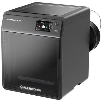 3D-printer met gesloten behuizing en display toont startscherm. Modelnaam 'Adventurer 5M Pro' op de voorkant.