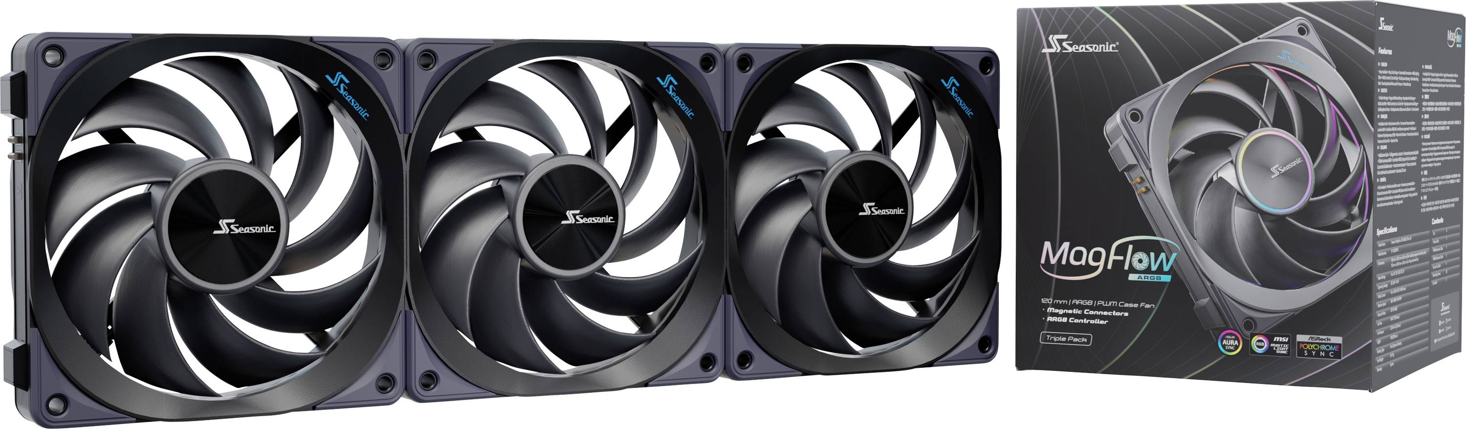 Drie zwarte pc-ventilatoren naast elkaar met de tekst 'MaqFlow' op de verpakking op de achtergrond.