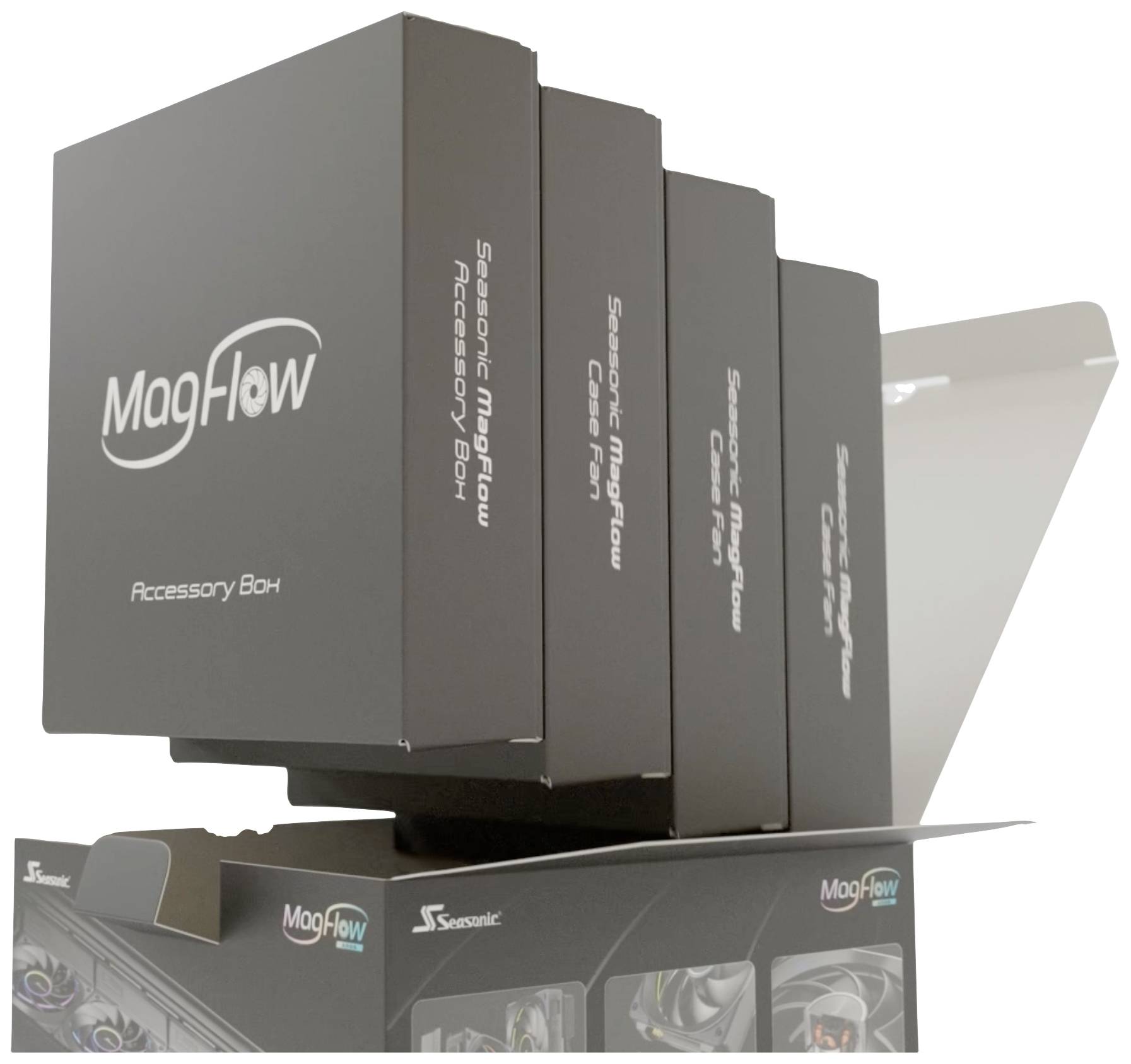 'Seasonic MagFlow Accessory Box' toont gestapelde, zwarte verpakkingen op een grotere doos.