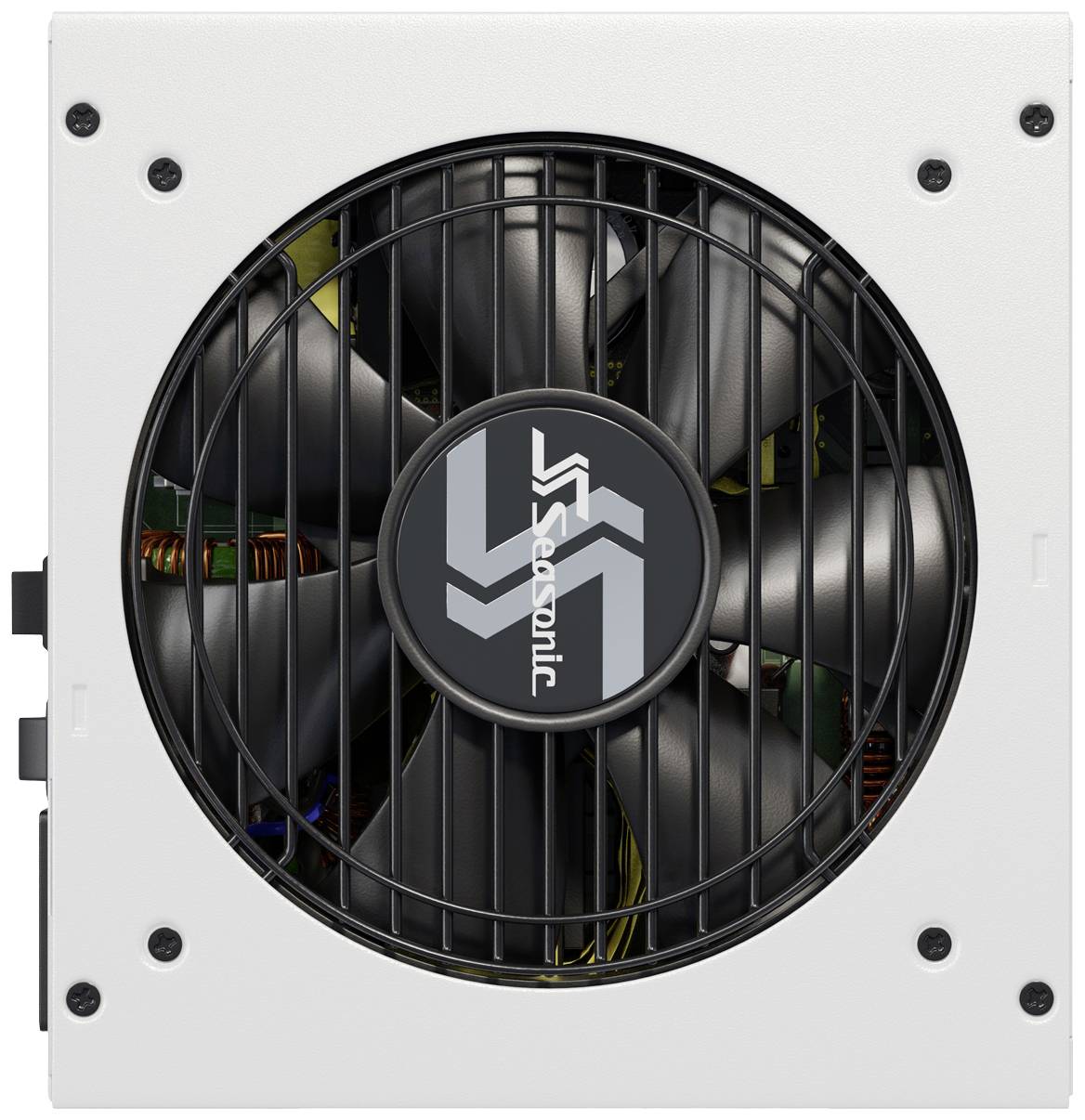 Een wit computervoedingsapparaat met een zwart ventilatorrooster. In het midden van de ventilator bevindt zich een logo.