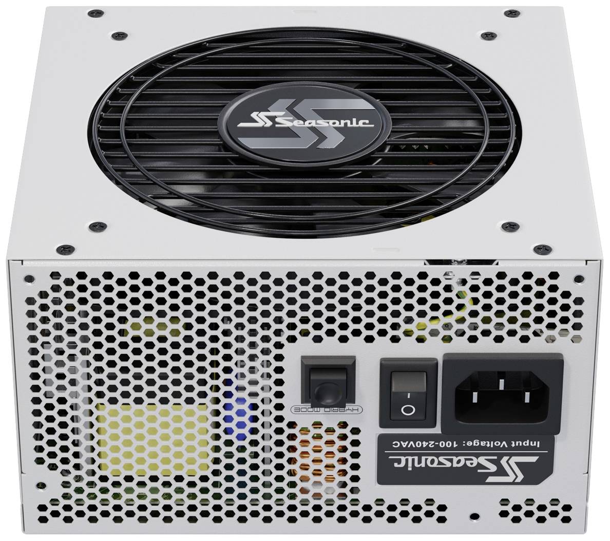 Voeding van Seasonic, toont ventilator, ingangs- en uitgangaansluitingen, evenals belangrijke schakelaars. Geschikt voor computerhardware.