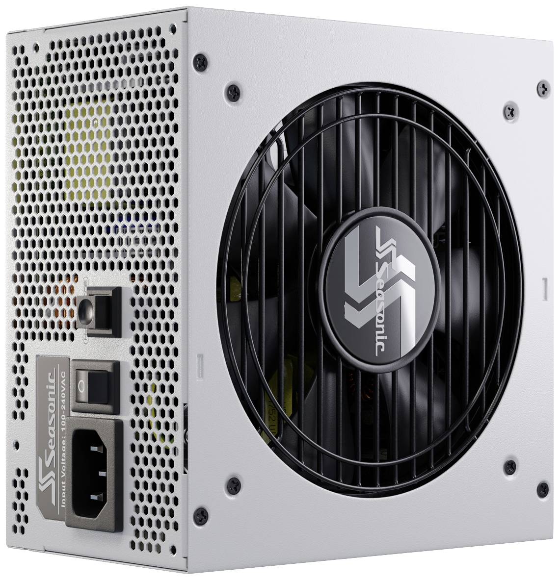 Een zilveren computervoedingsapparaat met ventilator, met het merklogo in het midden. Zijaanzicht toont rooster en netschakelaar.