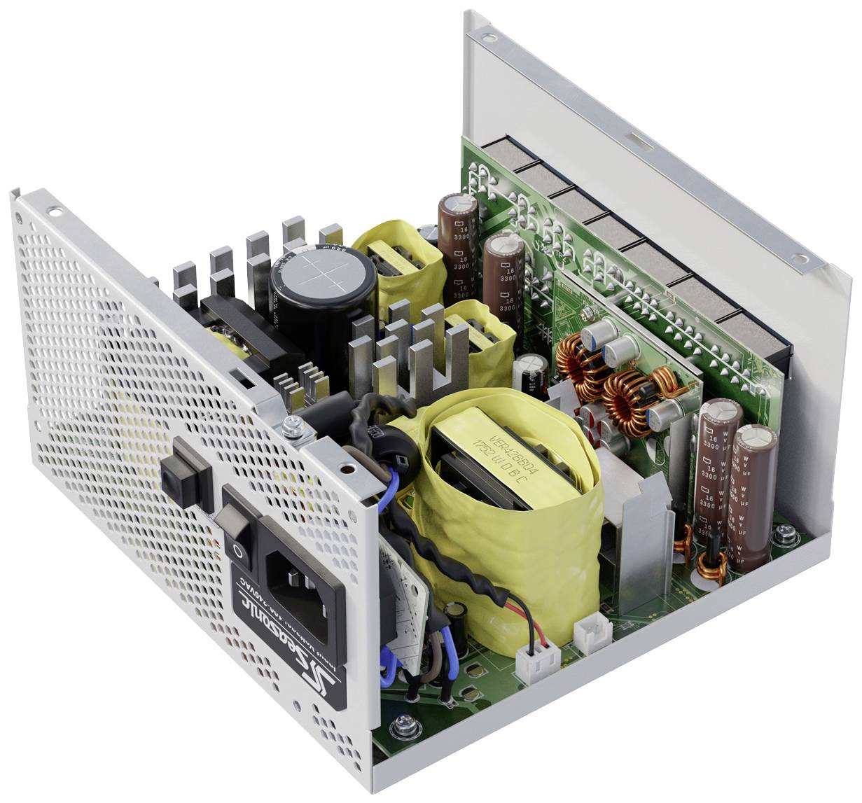 Een open computervoedingsunit toont interne componenten zoals condensatoren, spoelen en koellichamen. Het dient om een pc van stroom te voorzien.