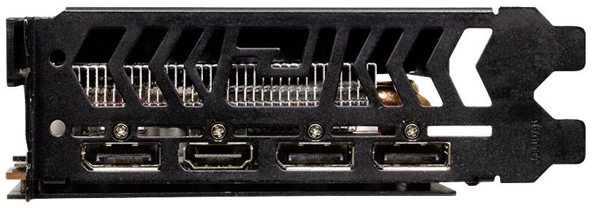 Achterkant van een videokaart met drie DisplayPort- en één HDMI-aansluiting, ventilatiespleten zichtbaar.