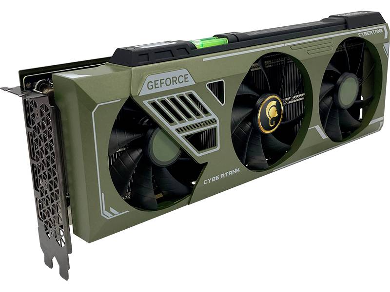 NVIDIA-videokaart met drie ventilatoren, een grijs-groen behuizing en 'CYBERTANK'-opschrift, bedoeld voor het verbeteren van de grafische prestaties.