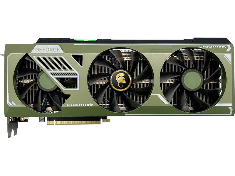 'Drievoudige ventilator-grafische kaart GEFORCE CYBERTANK in olijfgroen met gedetailleerd behuizingsontwerp, geschikt voor krachtige computers.'