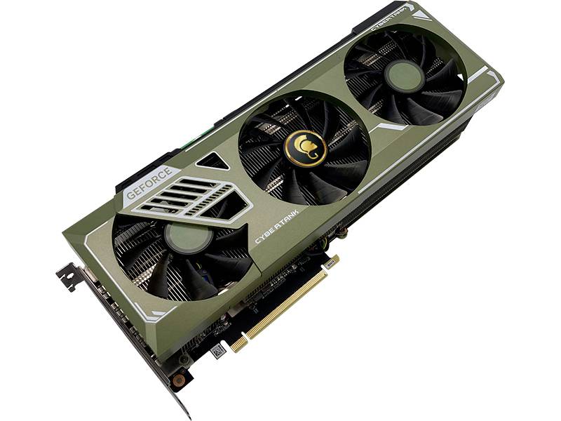 Deze afbeelding toont een groene videokaart met drie ventilatoren en de tekst 'GEFORCE' aan de zijkant.