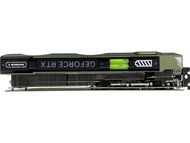 'NVIDIA GeForce RTX graphics card, side view. Cooling fins and green accent lighting are visible.'