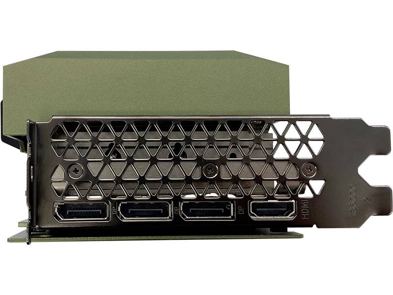 Grafische kaart in een groen behuizing met vier beelduitgangen aan de achterkant. Vierkante en zeshoekige openingen in het rooster.