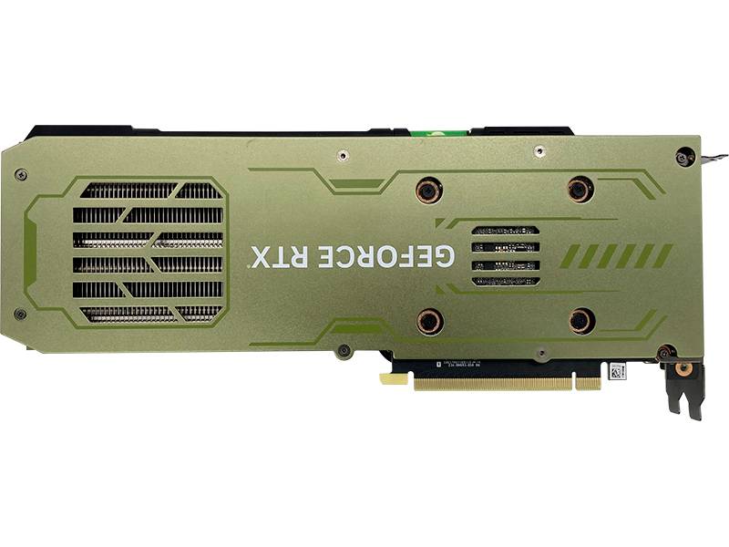 Grafische kaart in olijfgroene kleur met opschrift 'GeForce RTX'. Het toont de achterkant met ventilatiesleuven en een PCIe-aansluiting.