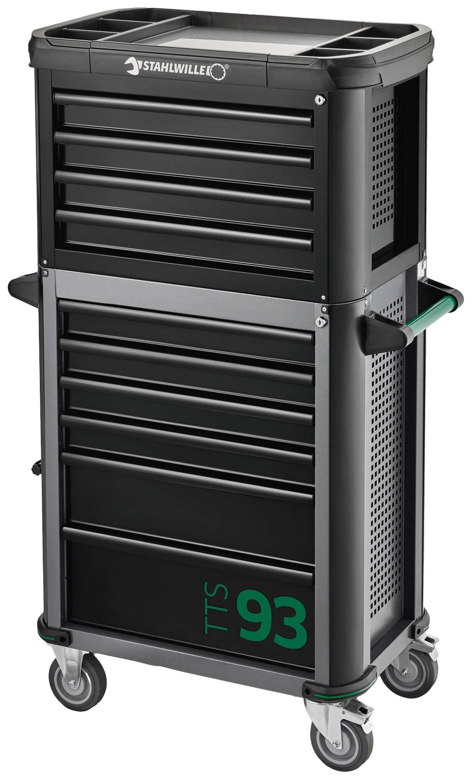 Zwarte gereedschapswagen met meerdere laden, gemonteerd op vier wielen. Bovenaan is het logo 'STAHLWILLE' en de opschrift 'TTS 93' zichtbaar.