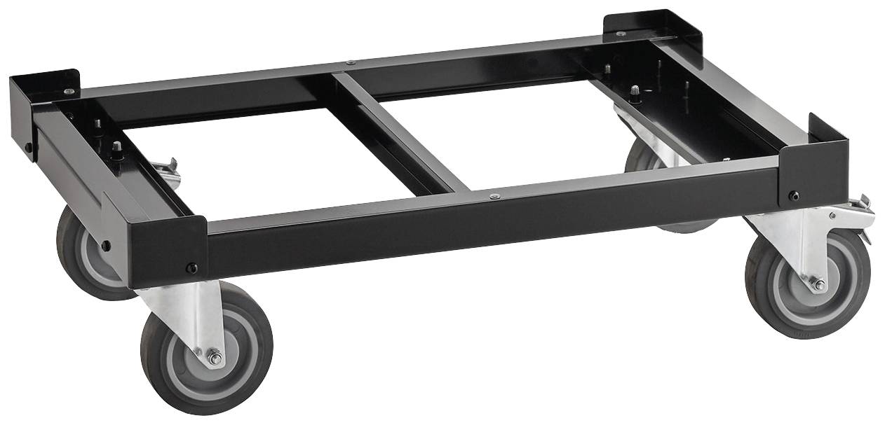 Een zwart rolwagenkader met vier draaibare wielen, geschikt voor het transport van grote voorwerpen of machines.