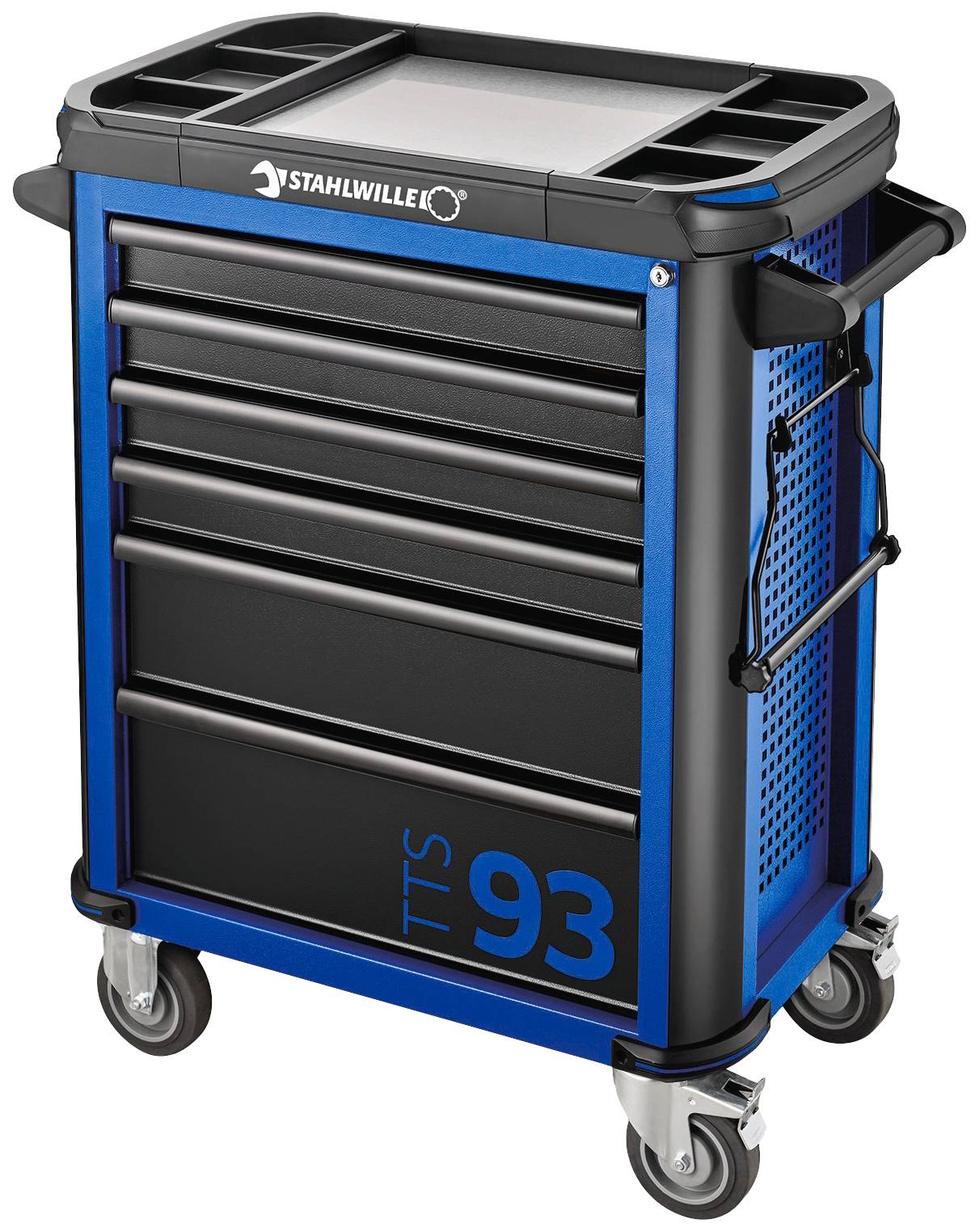 Gereedschapswagen op wielen met meerdere laden, blauw en zwart, voor de opslag van gereedschappen in ambachtelijke of industriële omgevingen.