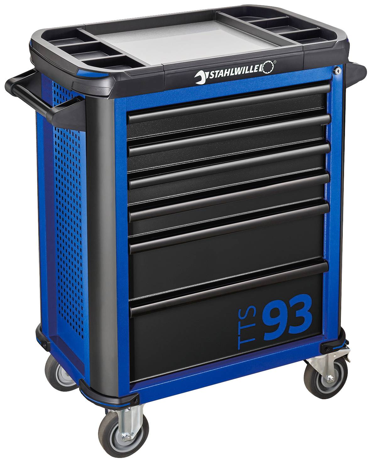 Gereedschapswagen met zes laden, blauw en zwart frame, vier wielen, zijhandgrepen voor verplaatsing.