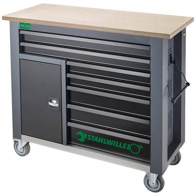 Gereedschapswagen met zes laden en een zijdeur, gemonteerd op wielen. Merk 'Stahlwille' gedrukt.