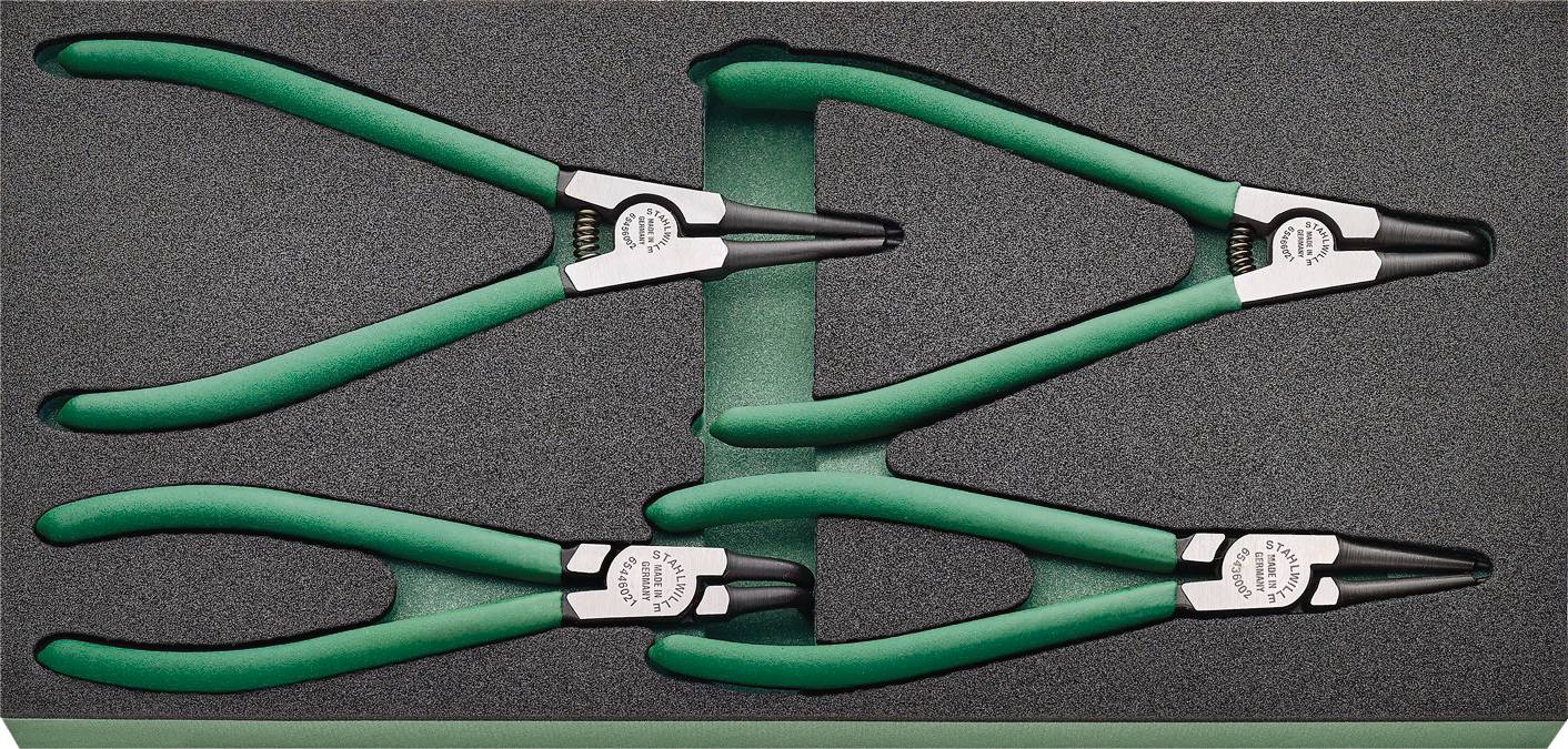 Drie groene borgveertangen met schuimstof-inleg, netjes gerangschikt. Ze zijn bedoeld voor het monteren en demonteren van borgringen.