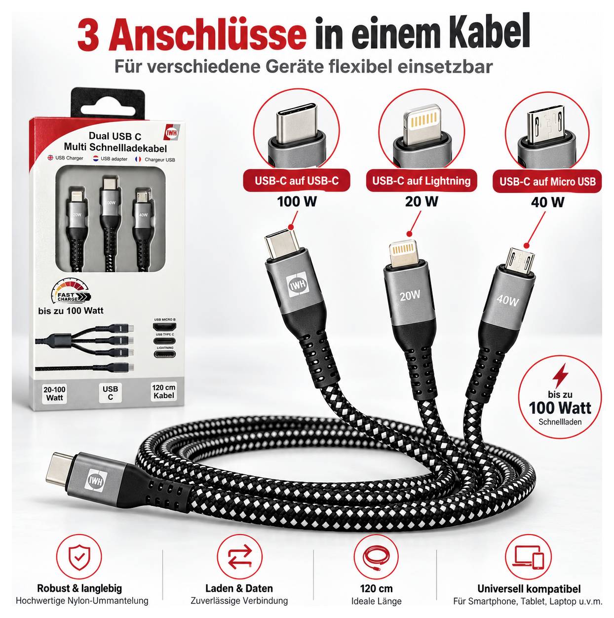IWH 019057 USB-laadkabel USB-C, USB-micro-A bus, Apple Lightning stekker 1.20 m – Foto 2 van 2