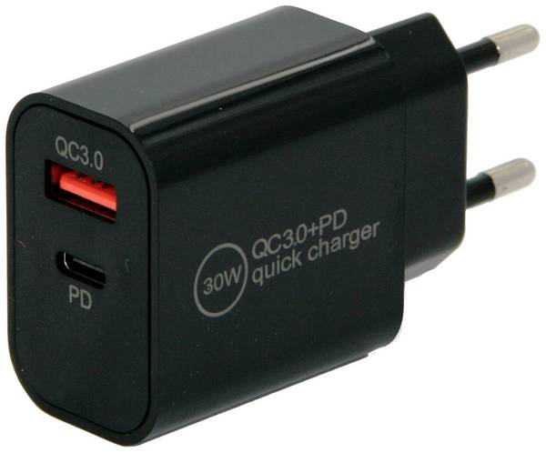 IWH USB-oplader 30 W 1x USB-A, 1x USB-C USB PD, QC 3.0 Zwart Binnen
