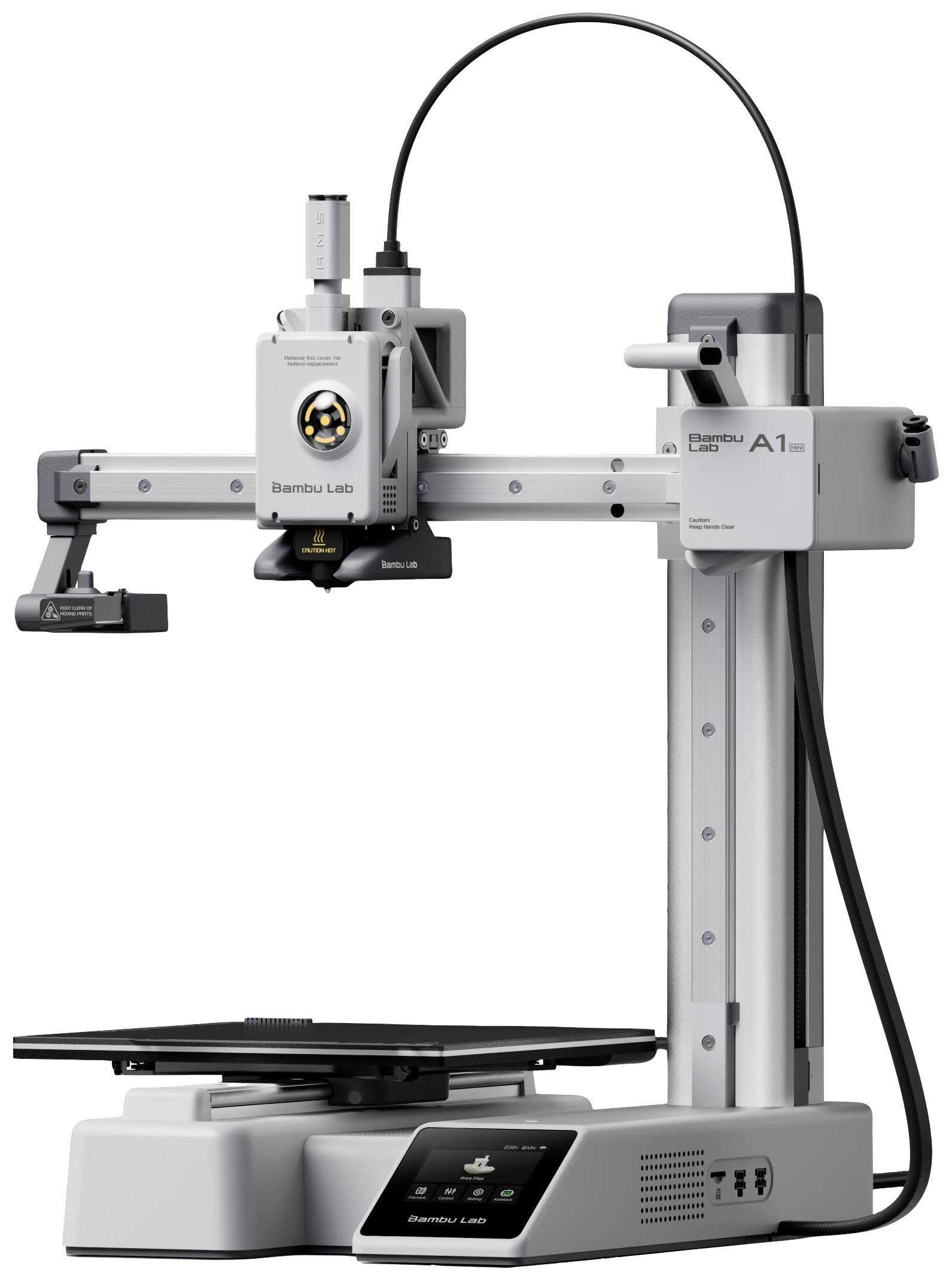 Een moderne 3D-printer met verticale opbouw, printkop links, elektrisch verbonden, op een rechthoekige basis.