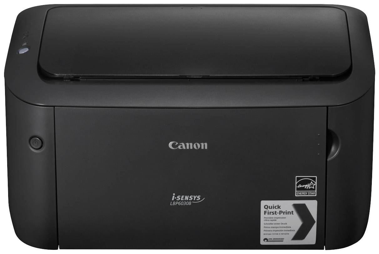 Zwarte Canon i-SENSYS printer, modelnummer LBP6030B, met 'Quick First-Print' functie. Apparaat is frontaal afgebeeld.