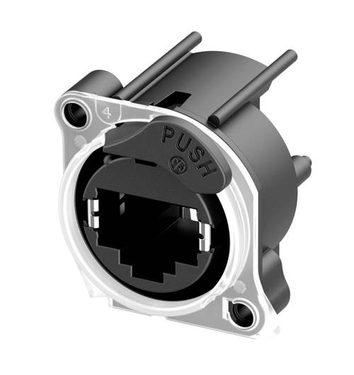 Een zwarte, ronde RJ45-netwerkaansluiting met push-functie. Twee montageschroeven zichtbaar. Geschikt voor apparaatverbindingen.