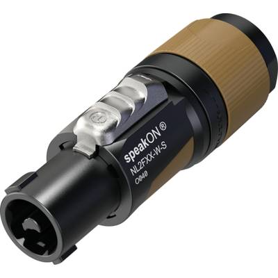Een zwarte speakON-stekker met bruine greephuls, fabrieksmodel NL2FFX-W-S, voor het verbinden van audioapparatuur.
