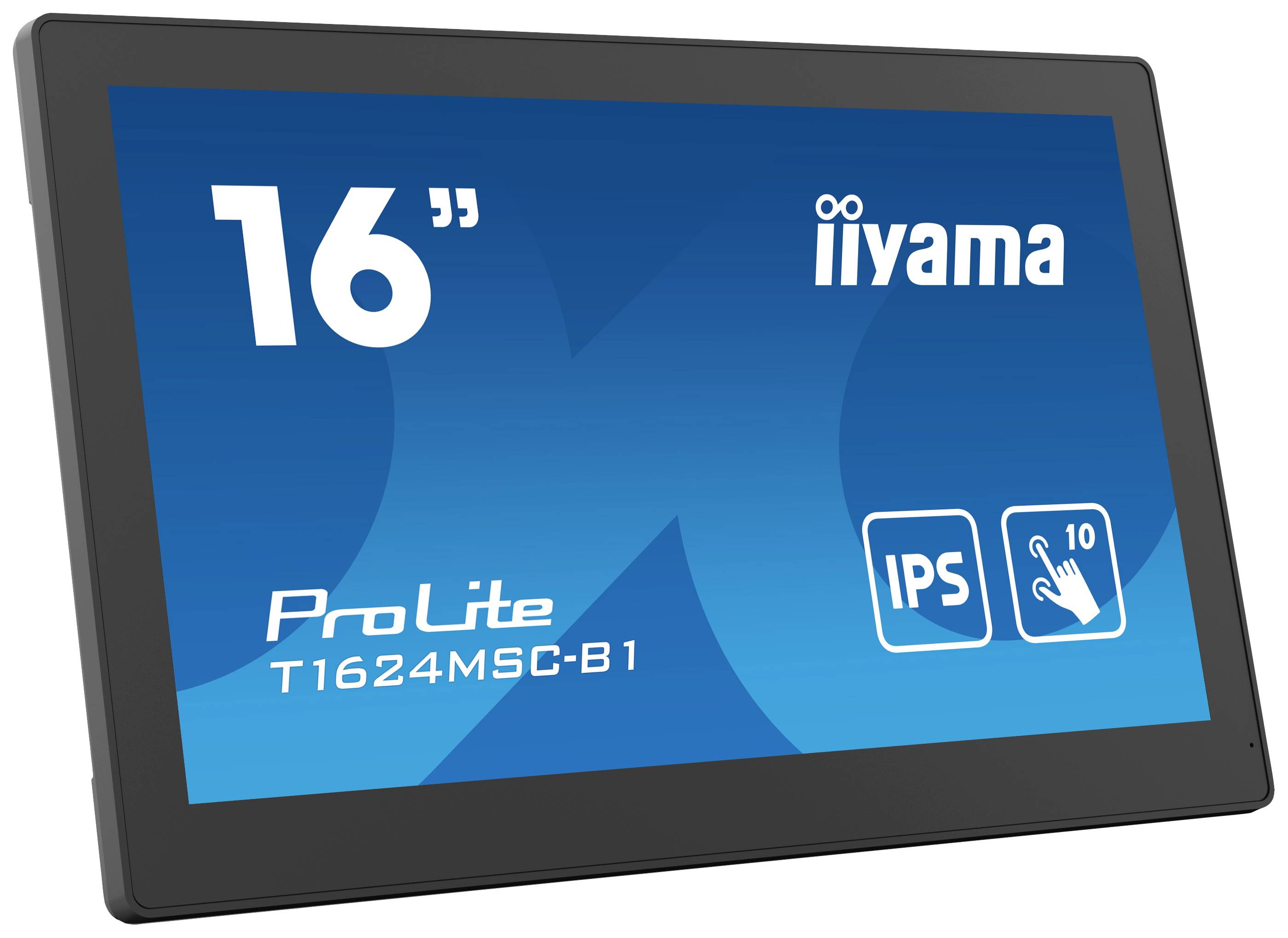 De afbeelding toont een iiyama ProLite T1624MSC-B1 monitor met een 16-inch scherm, IPS-technologie en 10-punts touchscreen-functionaliteit.