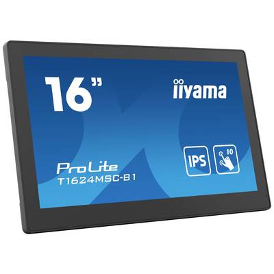 De afbeelding toont een iiyama ProLite T1624MSC-B1 monitor met een 16-inch scherm, IPS-technologie en 10-punts touchscreen-functionaliteit.
