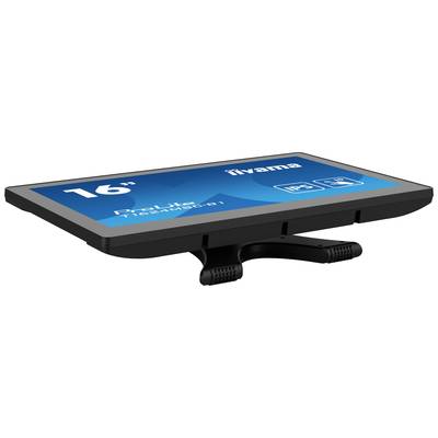 iiyama ProLite T1531SR-B1, een 15-inch touchscreen met IPS-technologie, ligt schuin met twee steunpoten op een oppervlak.