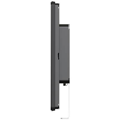 Zijaanzicht van een zwart, smal elektronisch apparaat, waarschijnlijk een scherm of televisie, met een standaard.