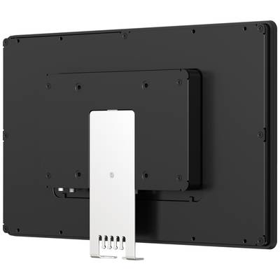 De achterkant van een zwarte monitor met een zilveren standaard. De monitor is plat en rechthoekig, de standaard is centraal bevestigd.