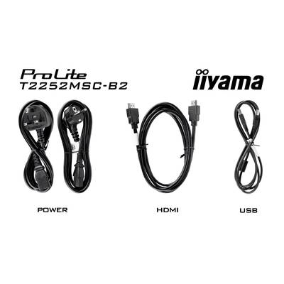 Afbeelding van drie kabeltypen: stroomkabel, HDMI-kabel, USB-kabel, geschikt voor het iiyama ProLite T2252MSC-B2 display.