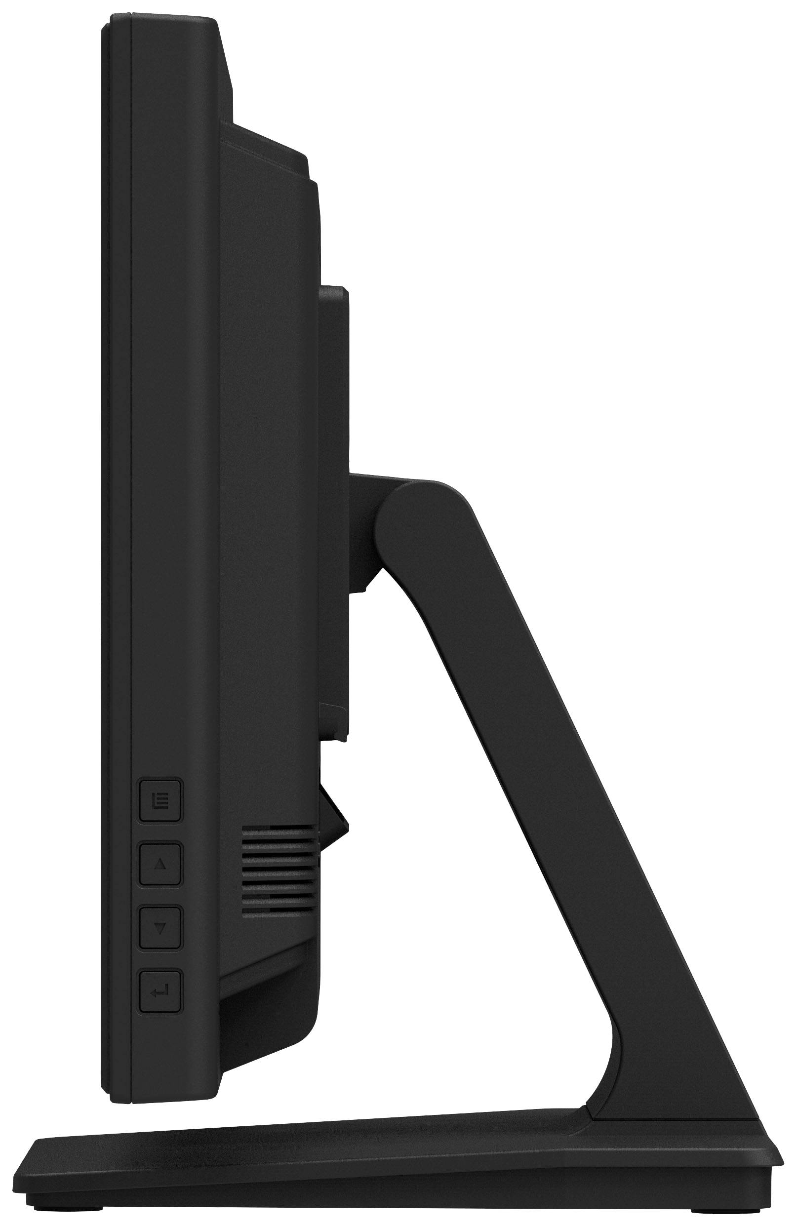 Zijaanzicht van een zwarte computermonitor met drie bedieningsknoppen aan de linkerkant. De monitor staat op een stabiele voet.