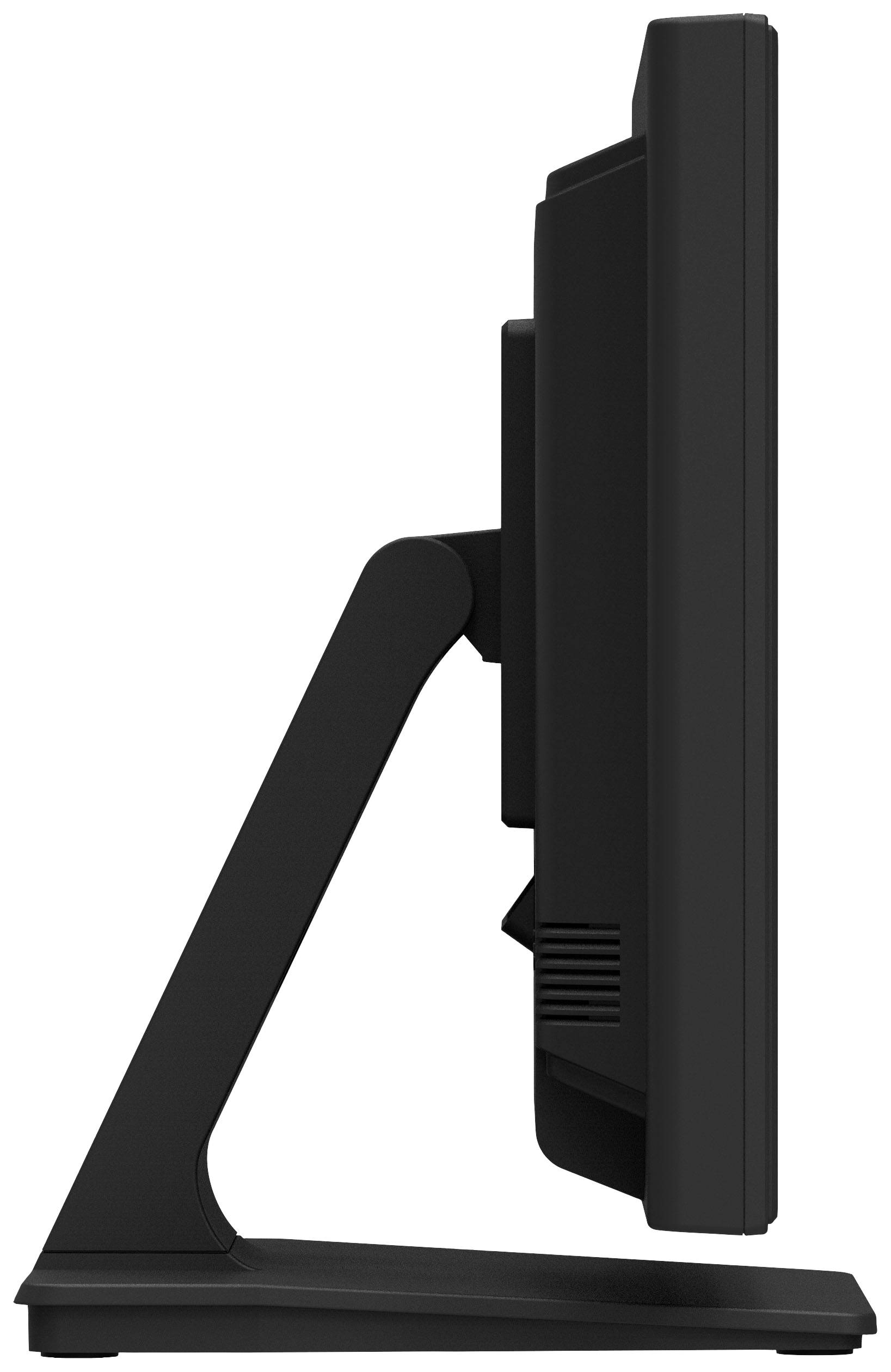 Zijaanzicht van een computerbeeldscherm op een standaard. Het scherm is naar rechts gericht en vertoont geen inhoud.